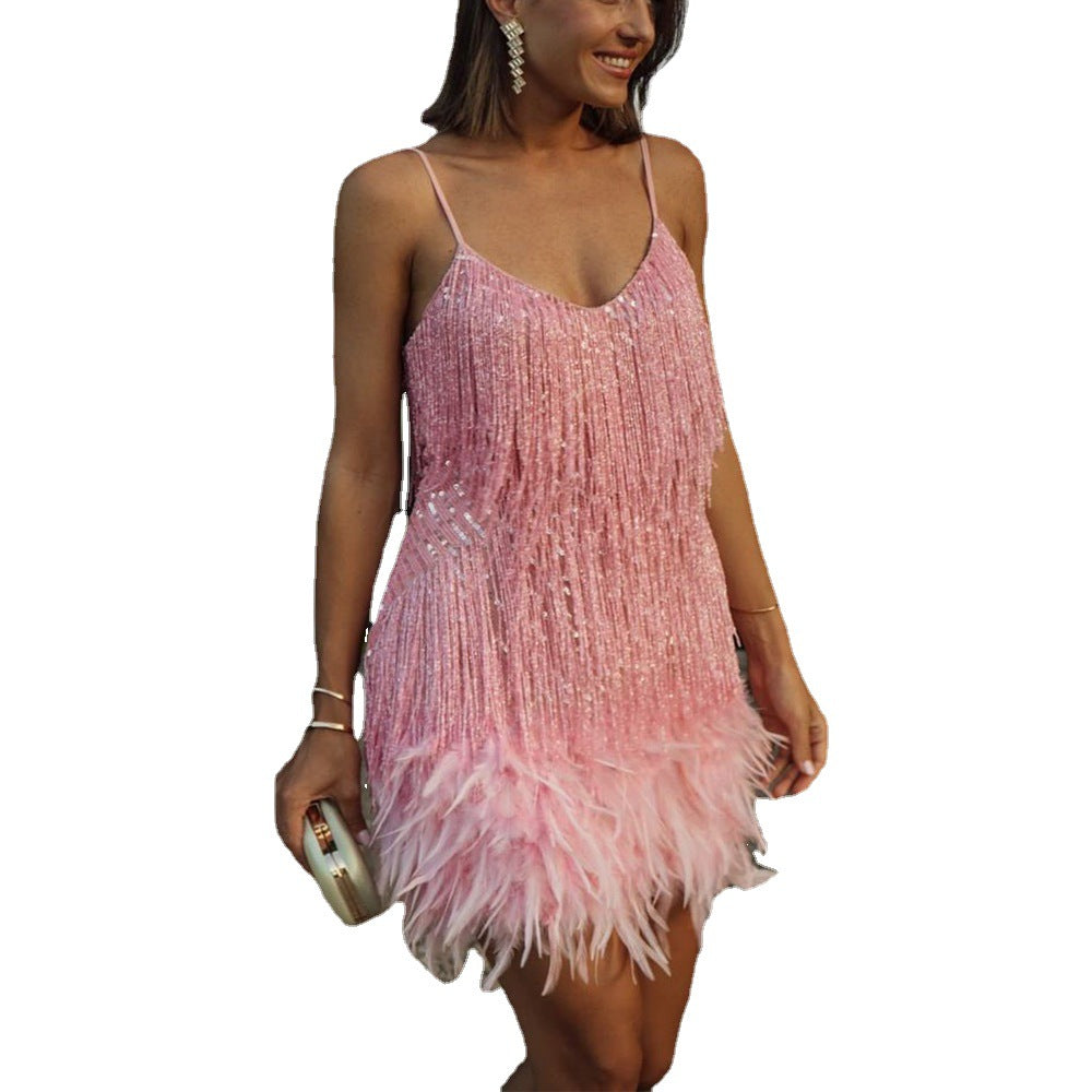 Tassel Stitching Feather Sequins Dress