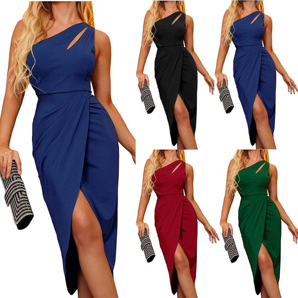 One Shoulder Hollowed Out Pleats Tight Sleeveless Slit Party Dress Skirt Women - Glamour Gale