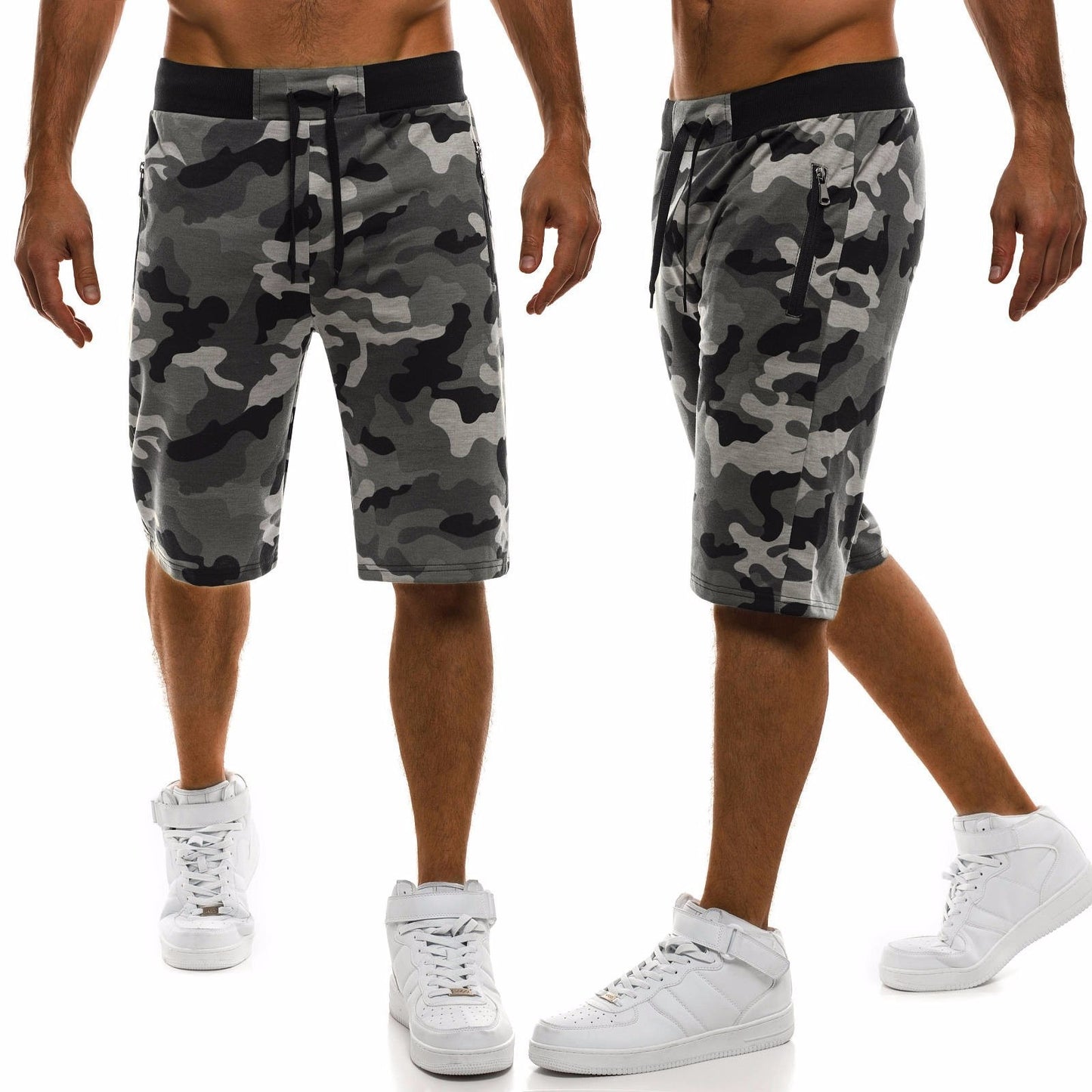 Shorts Sports Fitness Five-Point Pants Tether Zipper Shorts Straight Camouflage Beach Pants Men - Glamour Gale