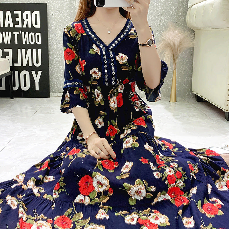 Women's V-neck Mid-sleeve Bohemian Floral Dress