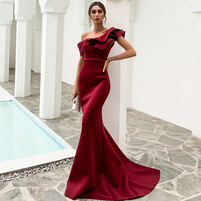 Missord Women Sexy One Shoulder Ruffles Evening Party Dress Solid Color Celebrity Maxi Dress Slash Neck Women Dress FT19938-2 - Glamour Gale