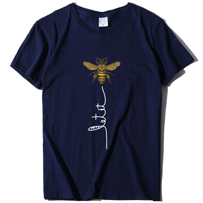 Bee And Letter Print Pattern Women's Loose T-shirt