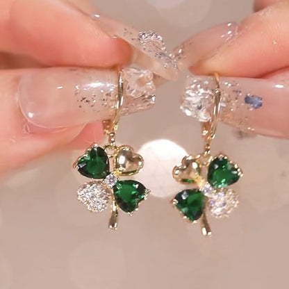 Micropaved Zirconia Clover Earrings Color Block Dark Green Crystal