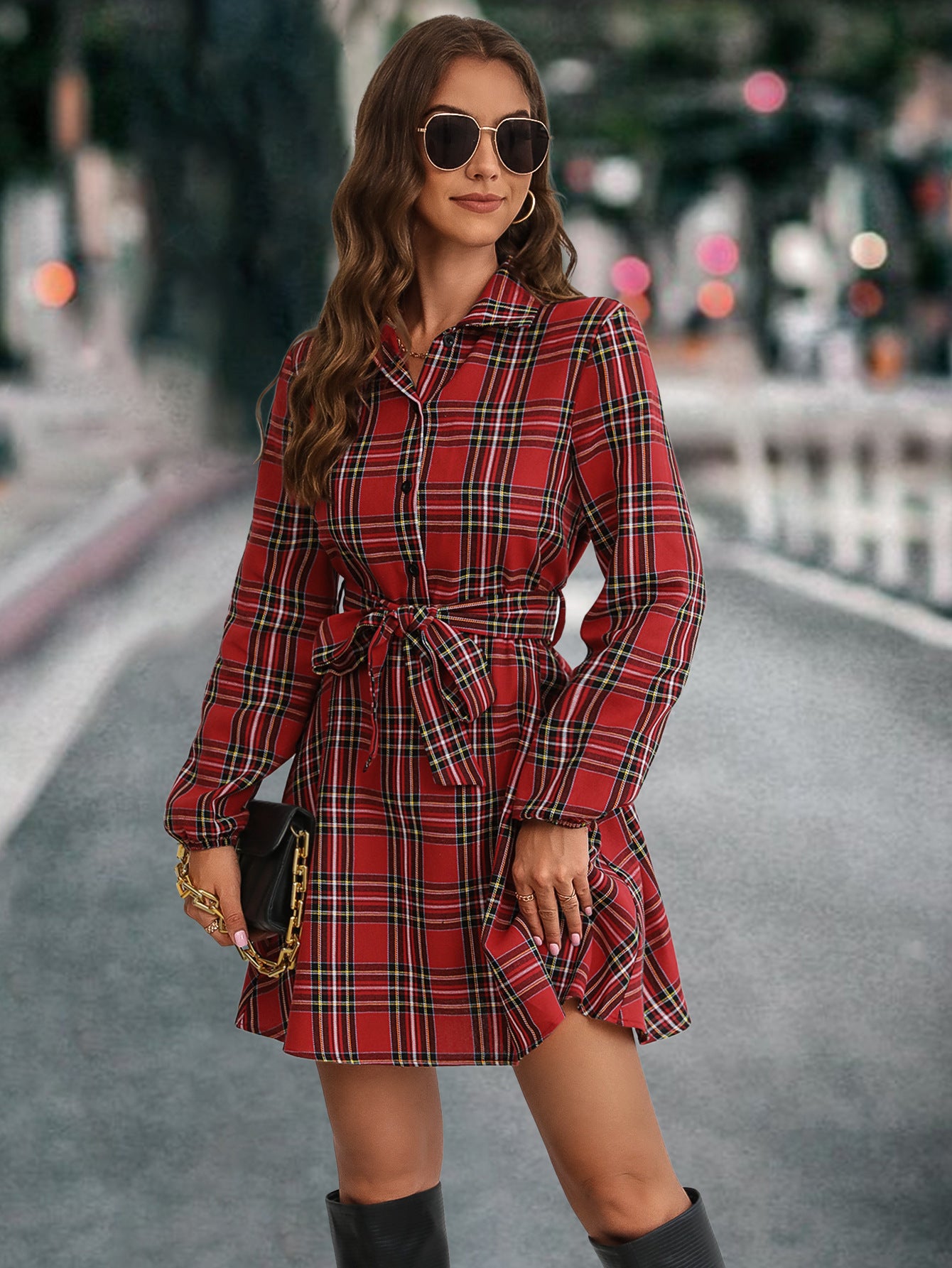 Women's Lantern Sleeve Plaid Shirt Dress