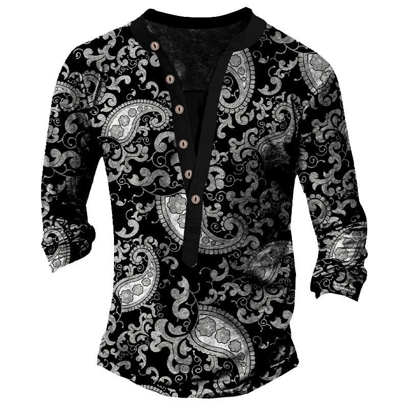 Printed Retro Fashion Casual Henry Neck Long Sleeves T-shirt