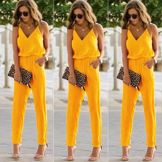 Amazon Summer Seamless V-neck Brace Jumpsuit New Sleeveless Solid Color Chiffon Trousers