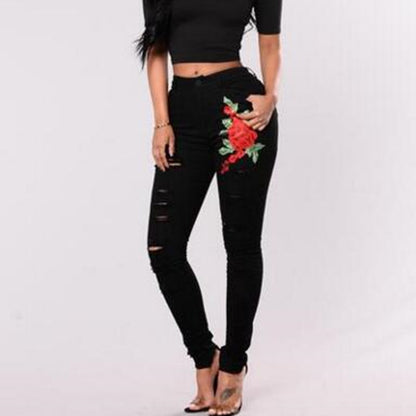 Women's Fashion Embroidery Ripped Black Denim Elastic Pants