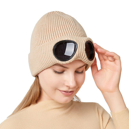 Warm Knitted Woolen Hats With Windproof Glasses