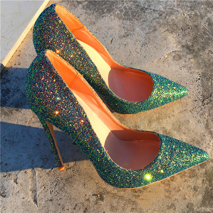 Women's Stiletto Heel Pointed-toe Fashion Sequined Green High Heels