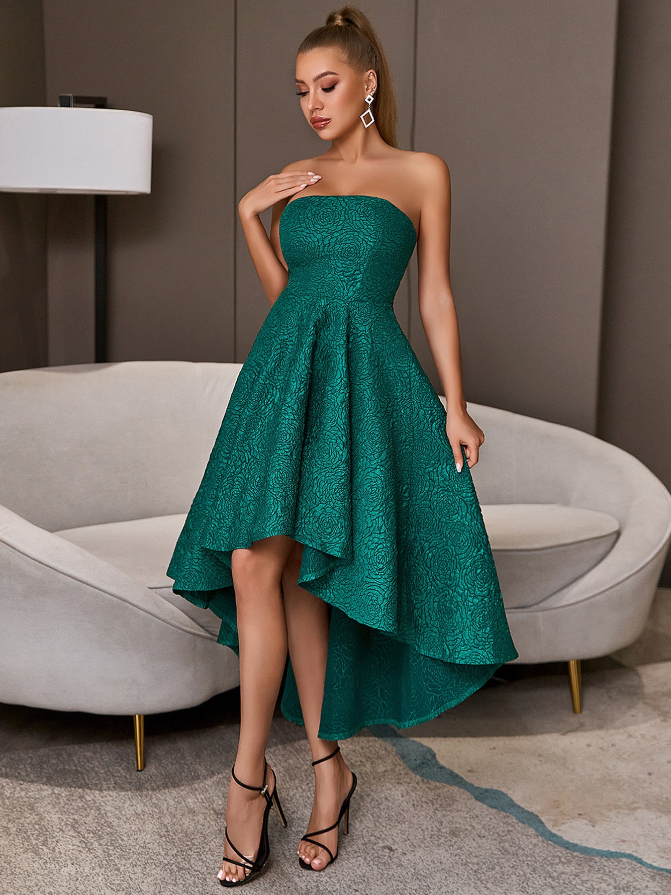 Bare-chested Green Sleeveless Elegant Flared Party Dress