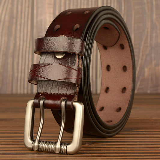 New Double Pin Buckle Men's Belt Cowhide