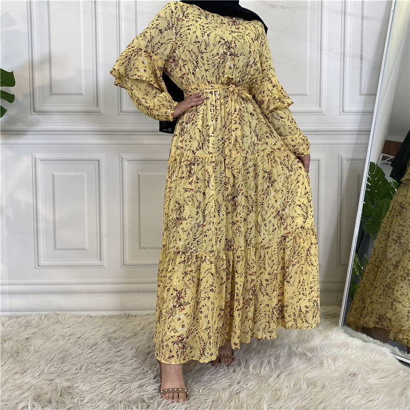 Muslim Long Sleeve Lined Chiffon Printed Lace-up Female Dress Large Swing Dress