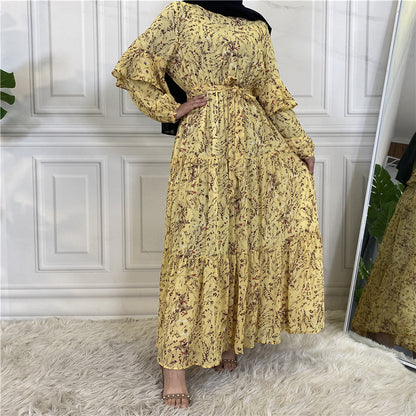 Muslim Long Sleeve Lined Chiffon Printed Lace-up Female Dress Large Swing Dress