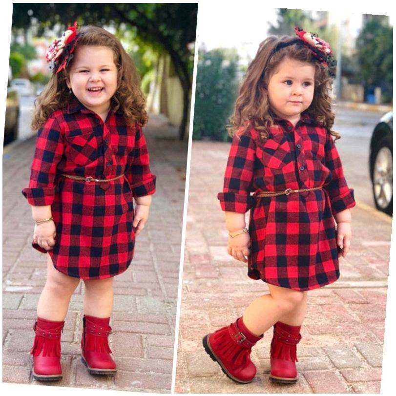 Fashion Girls Long Red Plaid Dress With Belt - Glamour Gale