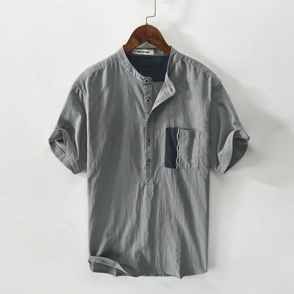 Men's Cotton And Linen Pullover Short-sleeved Shirt