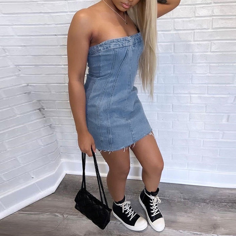 Fashion Backless Tube Denim Dress Summer Sexy Slim Short Dresses For Women Clothing