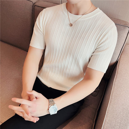 Slim-fit High Elastic Pleated Striped Short-sleeved Top For Men