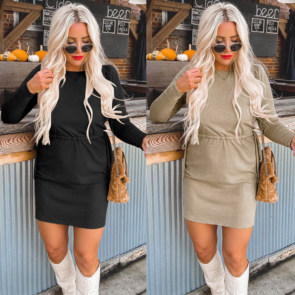 Fashion Solid Color Long-Sleeved Lace-Up Dress