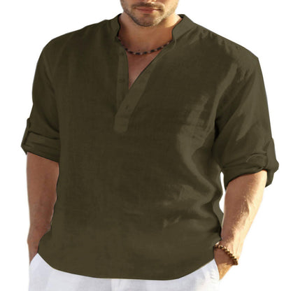 Men's Casual Cotton Linen Solid Color Long Sleeve Shirt Loose Stand Collar