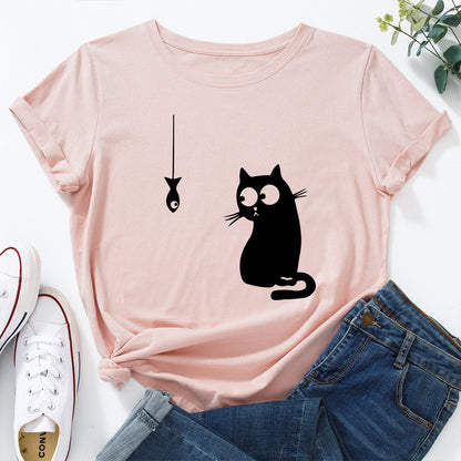 Women's Cute Cat Loose Round Neck Cotton Short Sleeve