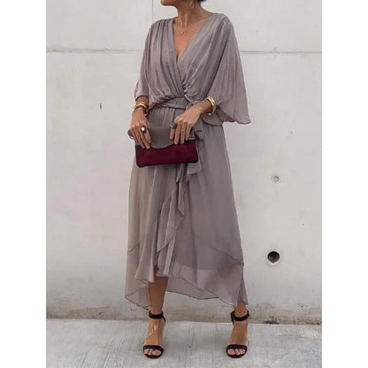 Batwing Sleeve V-neck Dress Summer Pure Color Tied Irregular Long Dresses Womens Clothing