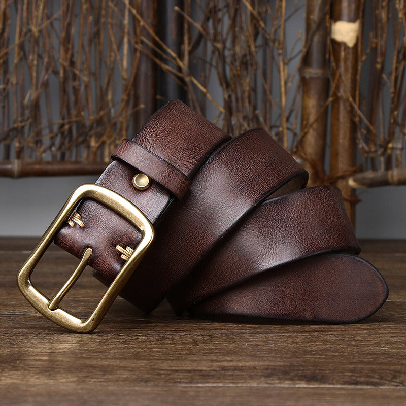 Men's Cowhide Vintage Distressed Pleated Brass Buckle Belt