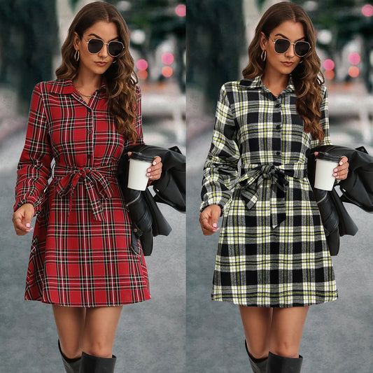 Women's Lantern Sleeve Plaid Shirt Dress