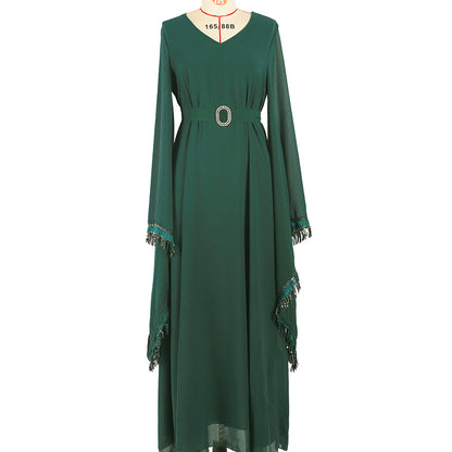 Dark Green High-density Chiffon Fringe Sleeve Dress Women's Clothing