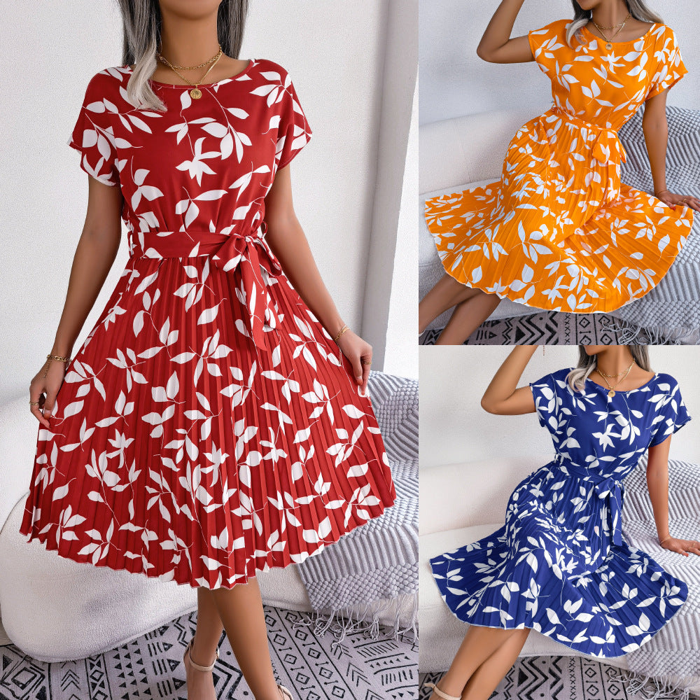 Leaf Print Dress Women Short Sleeve Lace-up Skirt Summer Beach Dress