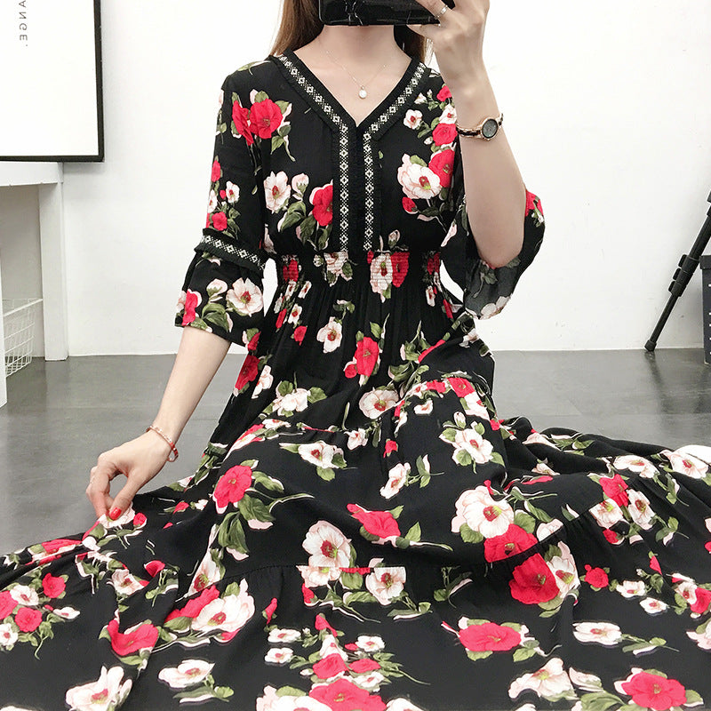 Women's V-neck Mid-sleeve Bohemian Floral Dress