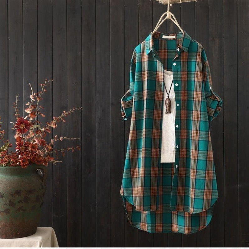 Women's Mid-length Loose Long Sleeve Top Plaid Shirt