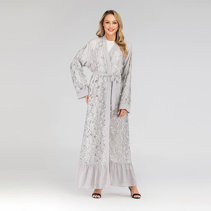 Lace Temperament Cardigan Embroidered Leaves Middle East Sequined Robe - Glamour Gale