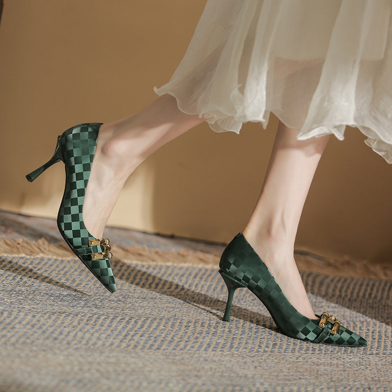 Checkerboard Plaid Green Shallow Mouth Women's Shoes