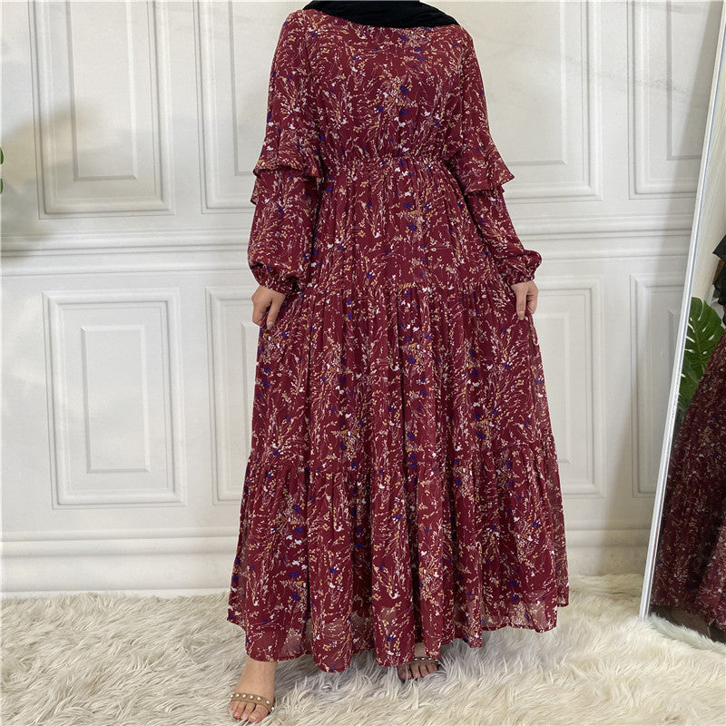 Muslim Long Sleeve Lined Chiffon Printed Lace-up Female Dress Large Swing Dress