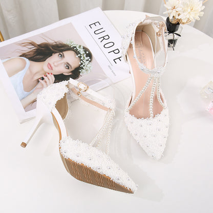 New Lace Beaded Solid Color Pointed PU High Heels