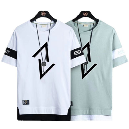 Summer New Fake Two-piece Printed Short-sleeved T-shirt Men Crew Neck Casual