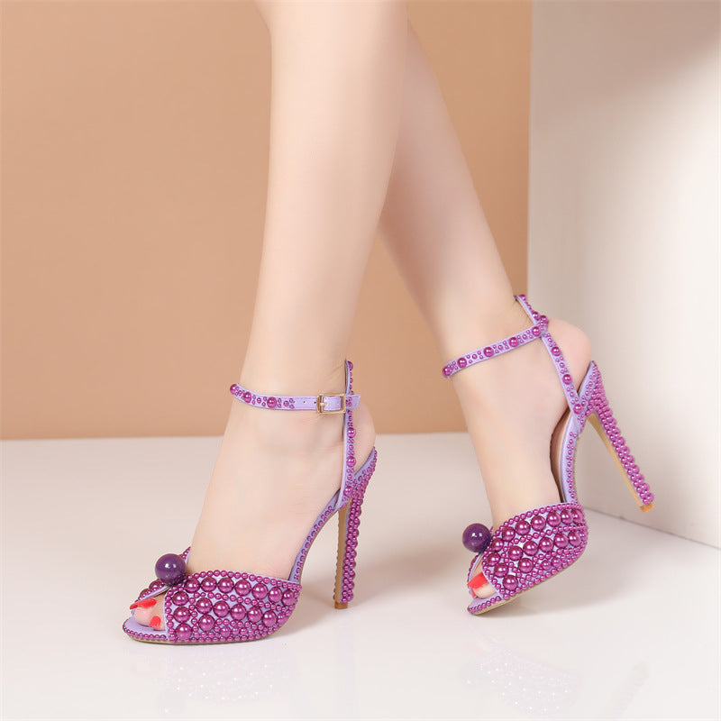 New Peep-toe Shallow Mouth Rhinestone Pearl Woman High-heeled Shoes