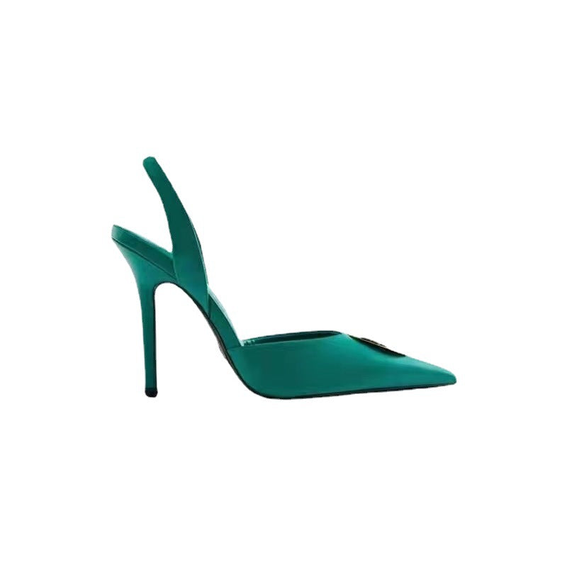 Stiletto Pointed Toe Back Strap Green Buckle High Heel Sandals Women