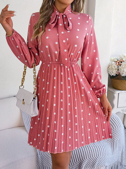 Women's Polka-dot Self-tie Waist-controlled Long Sleeves Pleated Skirt