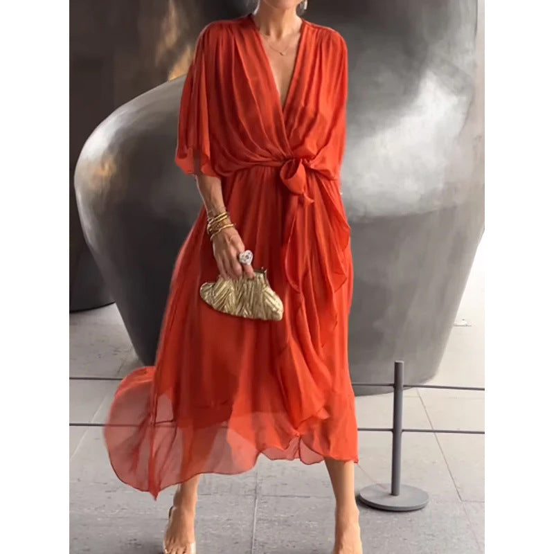 Batwing Sleeve V-neck Dress Summer Pure Color Tied Irregular Long Dresses Womens Clothing