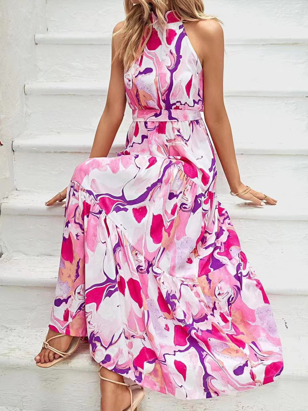 Printed Bohemian Sleeveless Ruffle Dress For Women