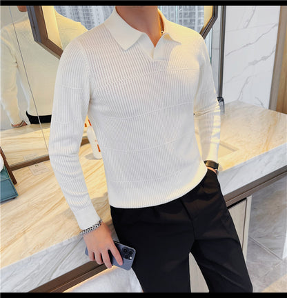 Men's Korean-style Knitted Sweater White Boy's Undershirt Texture Slim Lapel Sweater