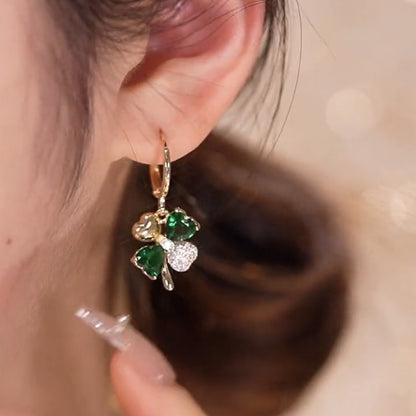 Micropaved Zirconia Clover Earrings Color Block Dark Green Crystal