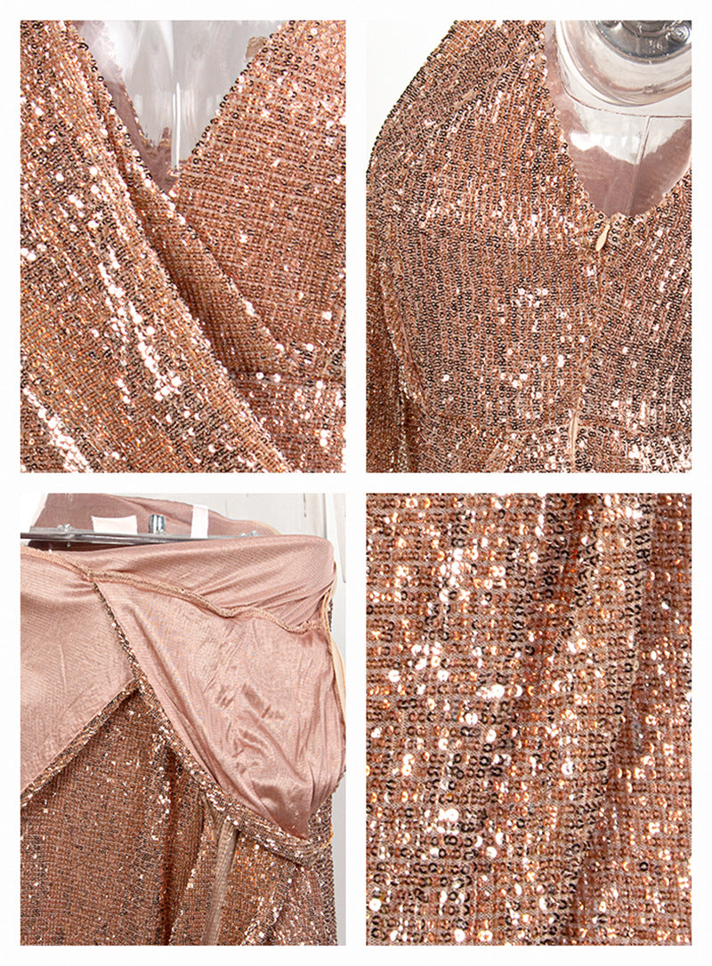 Solid Color Asymmetrical Sequin Slit Party Dress