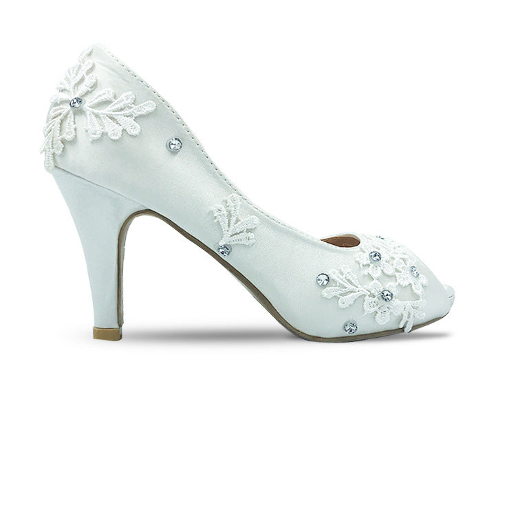 New White Lace Flower Ribbon Stiletto Wedding Shoes