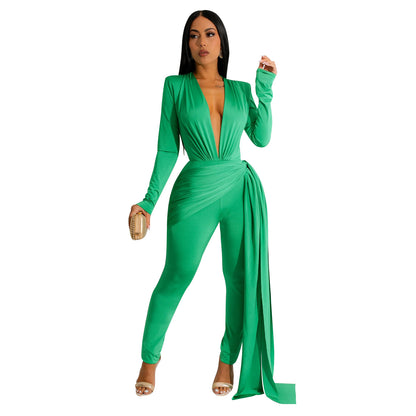 Women's Fashion Skinny V-neck Long Sleeve Jumpsuit