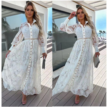 Lace Hollow All-matching Casual Lace Up Commuter Ins Style Long Shirt Dress