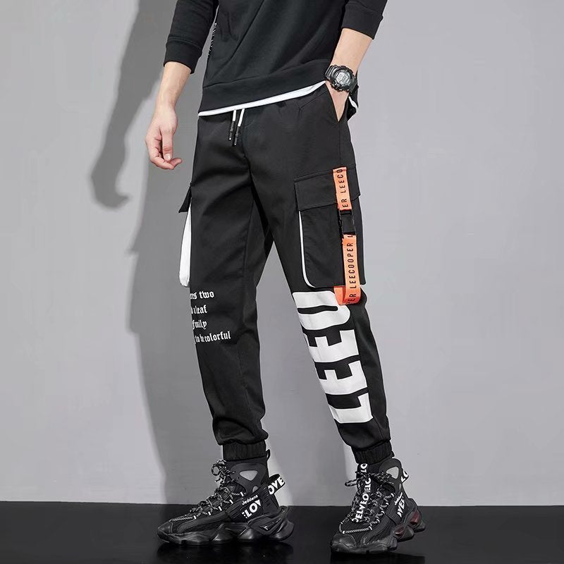 Functional Men's Summer Thin Trendy Letter Printing Multi-pocket Ankle Banded Pants