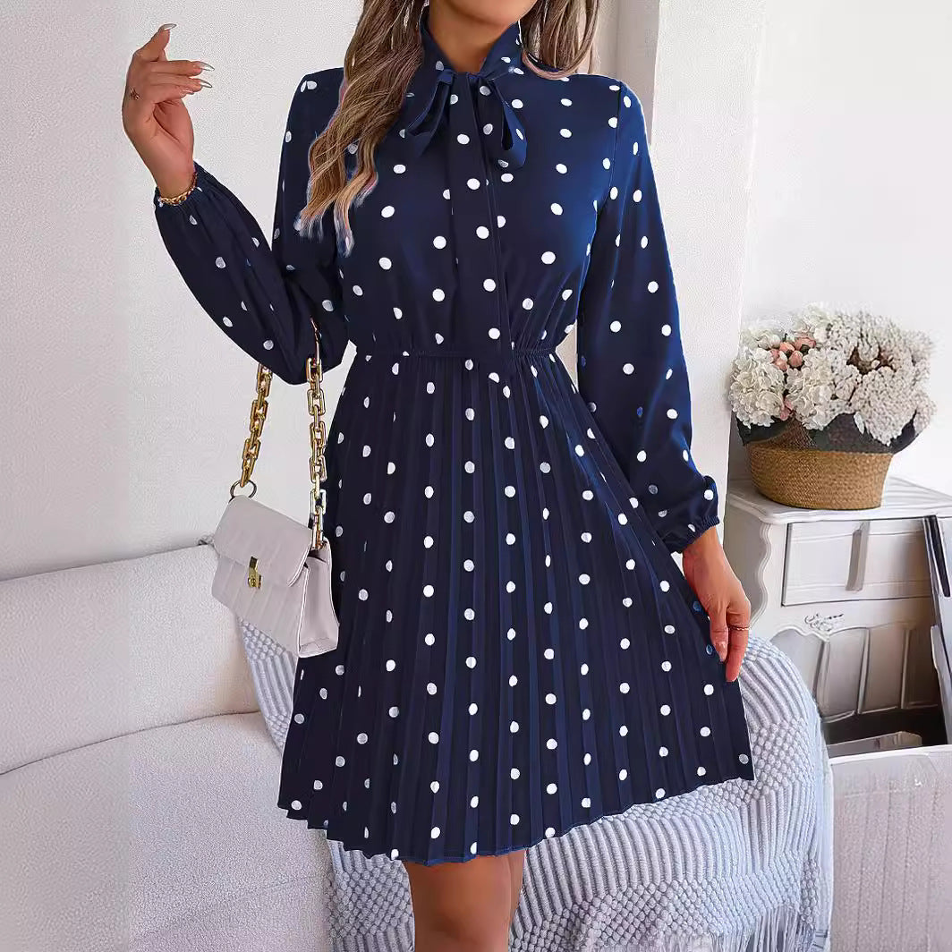 Women's Polka-dot Self-tie Waist-controlled Long Sleeves Pleated Skirt