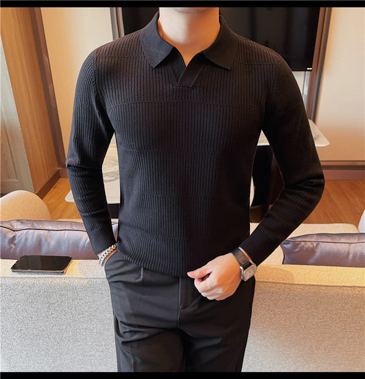 Men's Korean-style Knitted Sweater White Boy's Undershirt Texture Slim Lapel Sweater